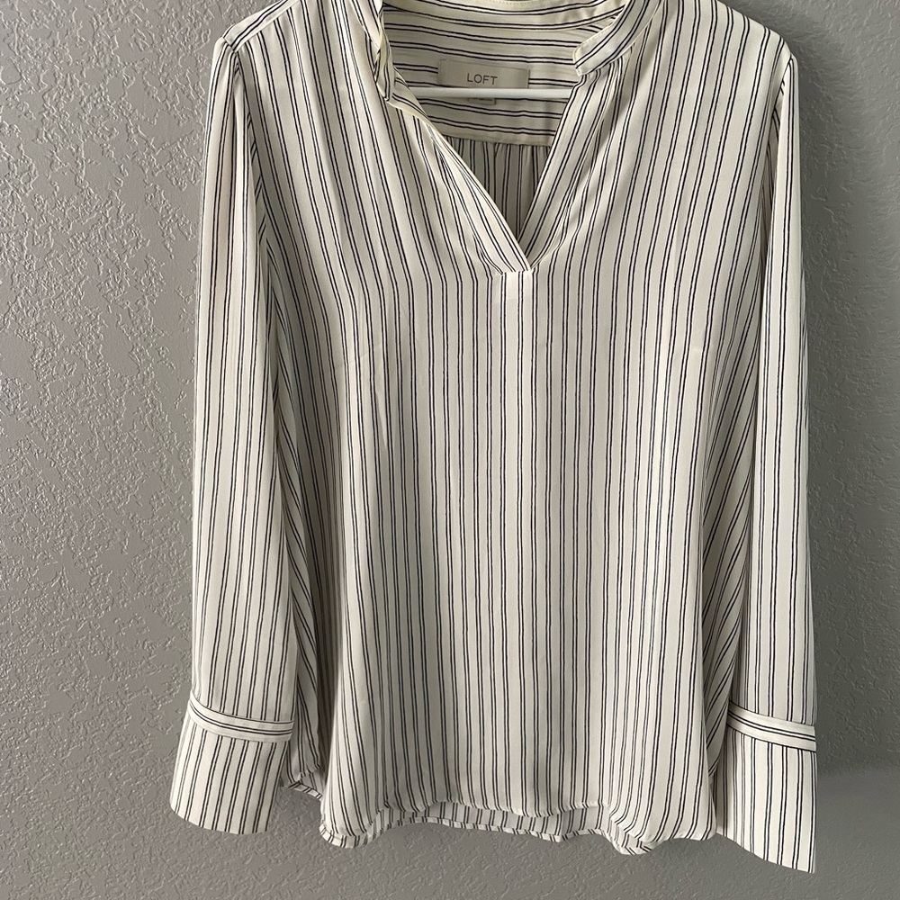LOFT White Vertical Stripe V-Neck Long Sleeve Tunic